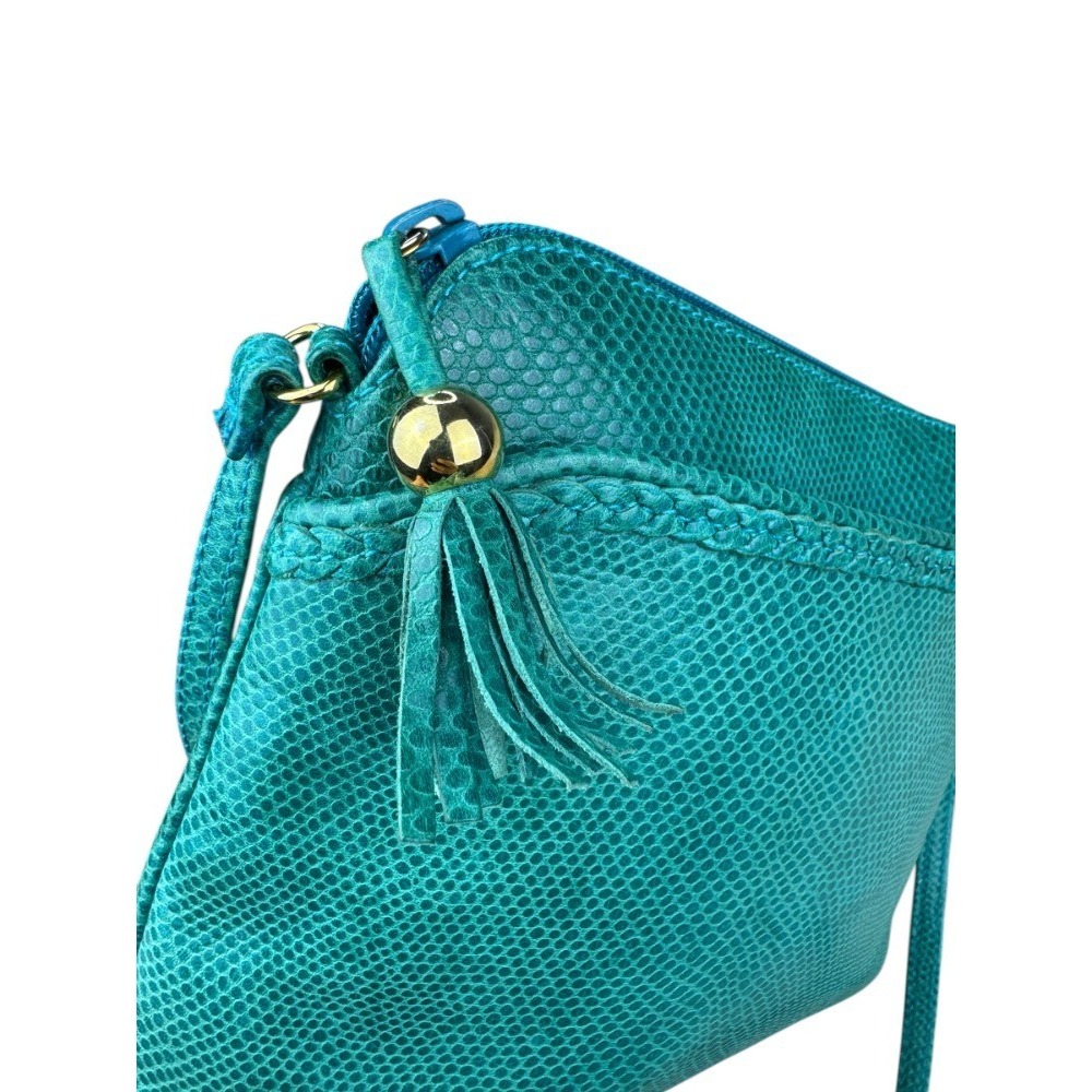 Vintage Ganson Teal Crossbody Bag Pebbled Leather Tassel Zip Made in Hong Kong - Picture 2 of 8